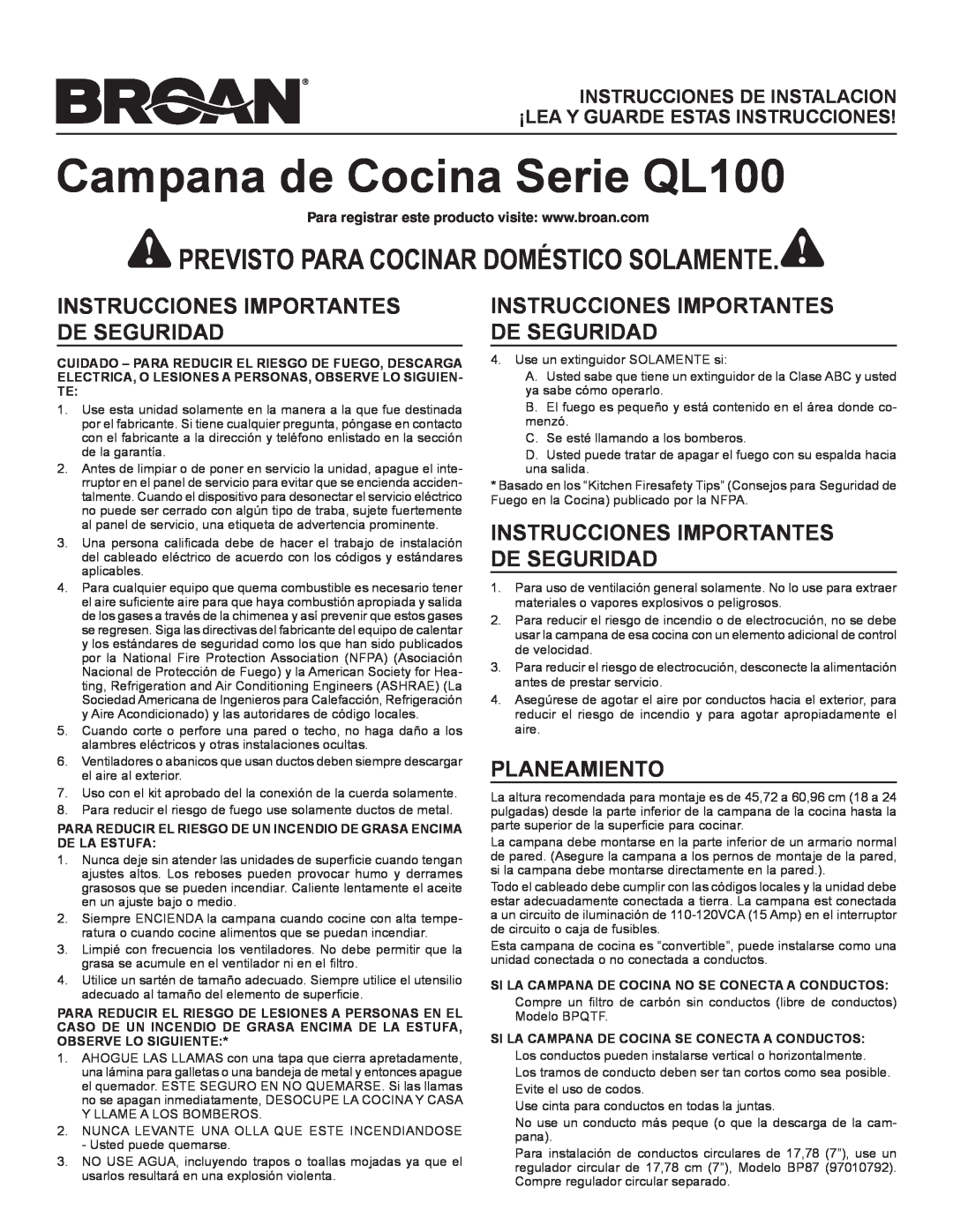 Broan Ql100 Series Instrucciones Importantes De Seguridad, Planeamiento, Campana de Cocina Serie QL100 