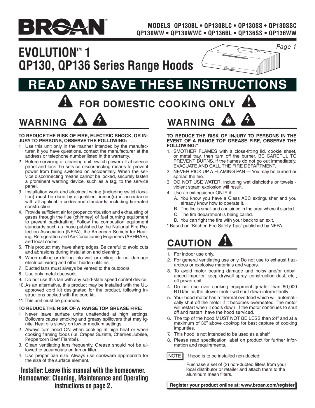 Broan QP130BLC, QP130WW, QP130SSC, QP136SS warranty For Domestic Cooking only, To Reduce the Risk of a Range TOP Grease Fire 