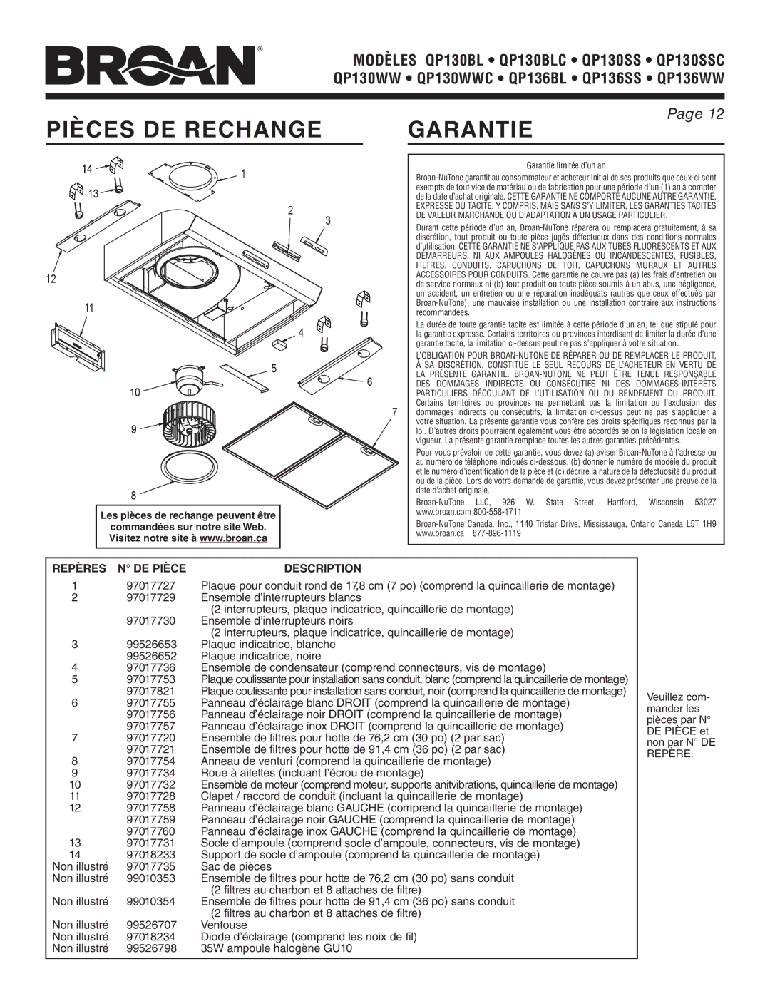 Broan QP130SS, QP130WW Pièces DE Rechange Garantie, Repères DE Pièce Description, Les pièces de rechange peuvent être 