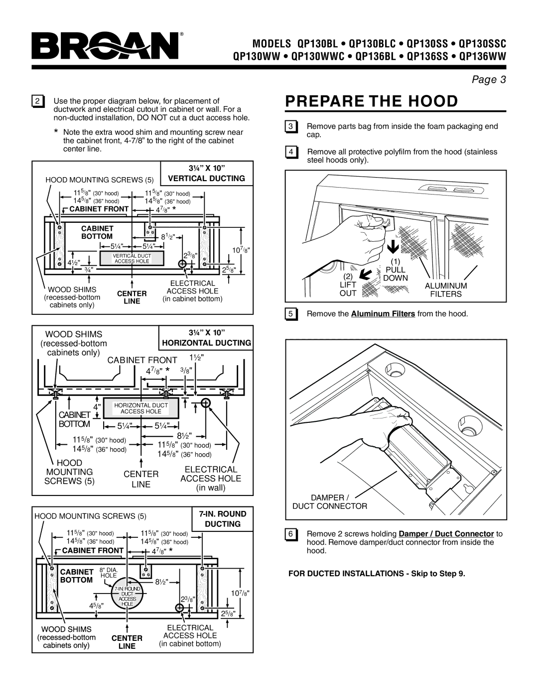 Broan QP130BLC, QP130SSC, QP136SS, QP130WWC, QP136BL Prepare the Hood, Vertical Ducting, Horizontal Ducting, IN. Round 