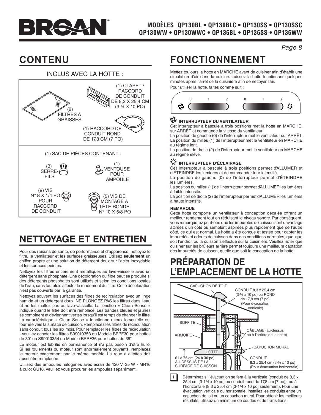 Broan QP136WW, QP130BLC, QP130SSC, QP136SS, QP130WWC, QP136BL warranty Contenu, Nettoyage ET Entretien, Fonctionnement 