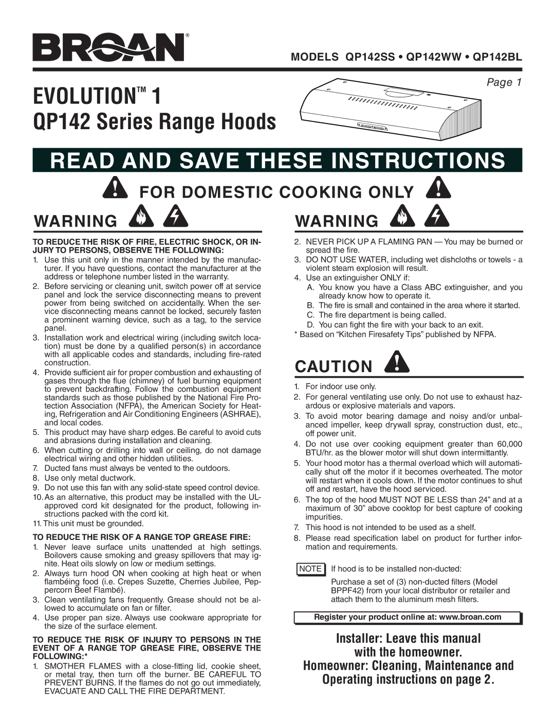 Broan QP142SS, QP142WW, QP142BL manual For Domestic Cooking only, To Reduce the Risk of a Range TOP Grease Fire 