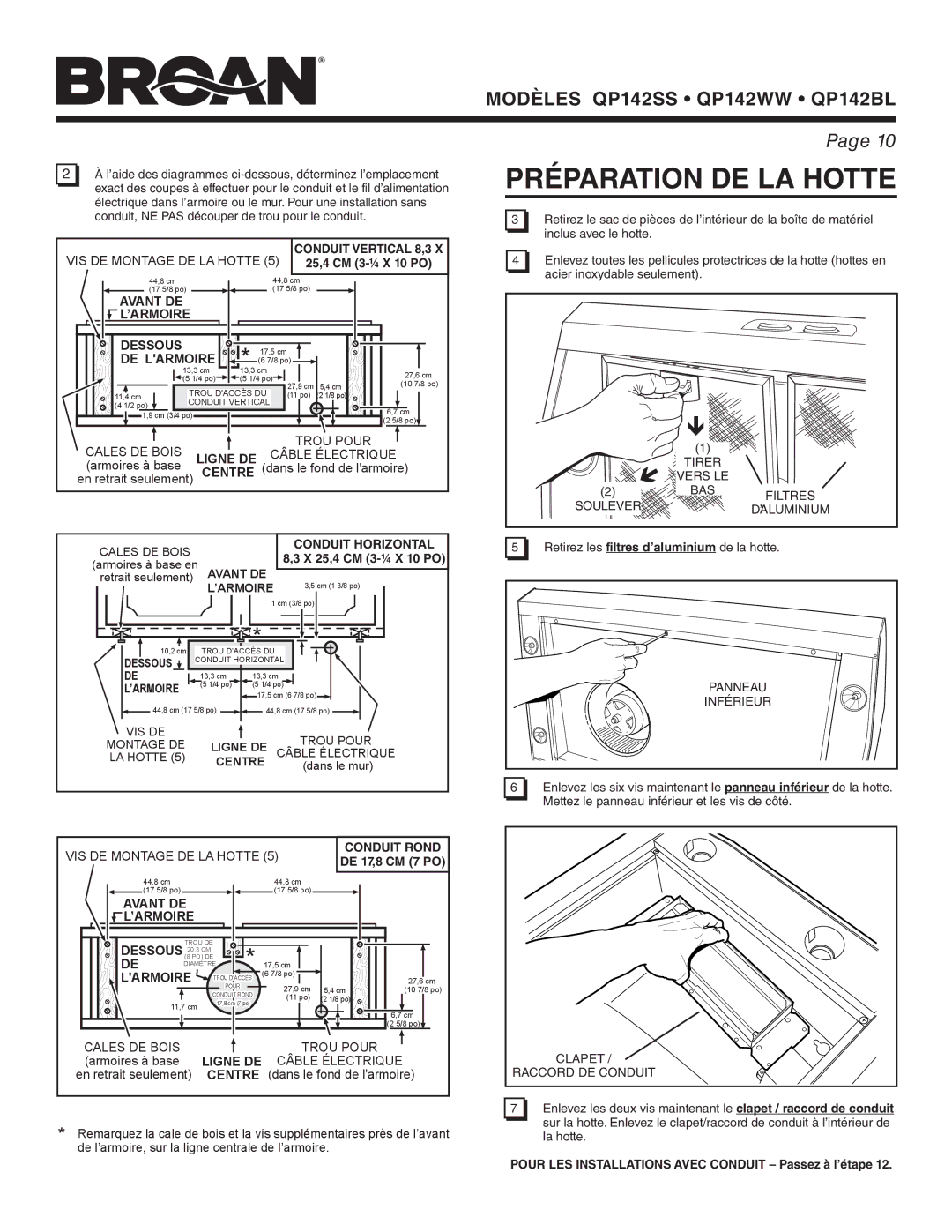 Broan QP142SS, QP142WW, QP142BL manual Préparation DE LA Hotte 