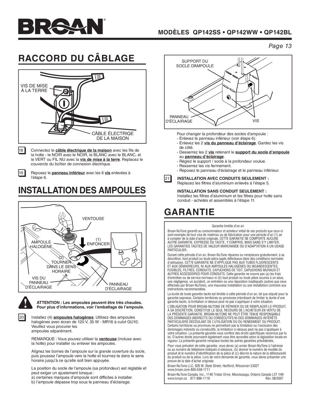 Broan QP142SS Raccord DU Câblage, Installation DES Ampoules, Garantie, VIS DE Mise À LA Terre Câble Électriqe DE LA Maison 
