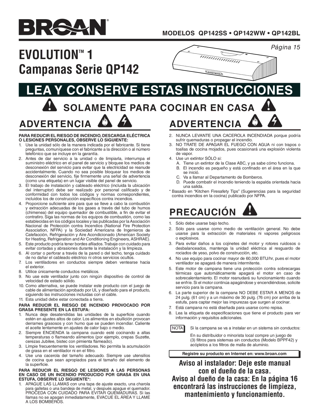 Broan QP142WW, QP142SS, QP142BL manual Solamente Para Cocinar EN Casa Advertencia, Precaución 