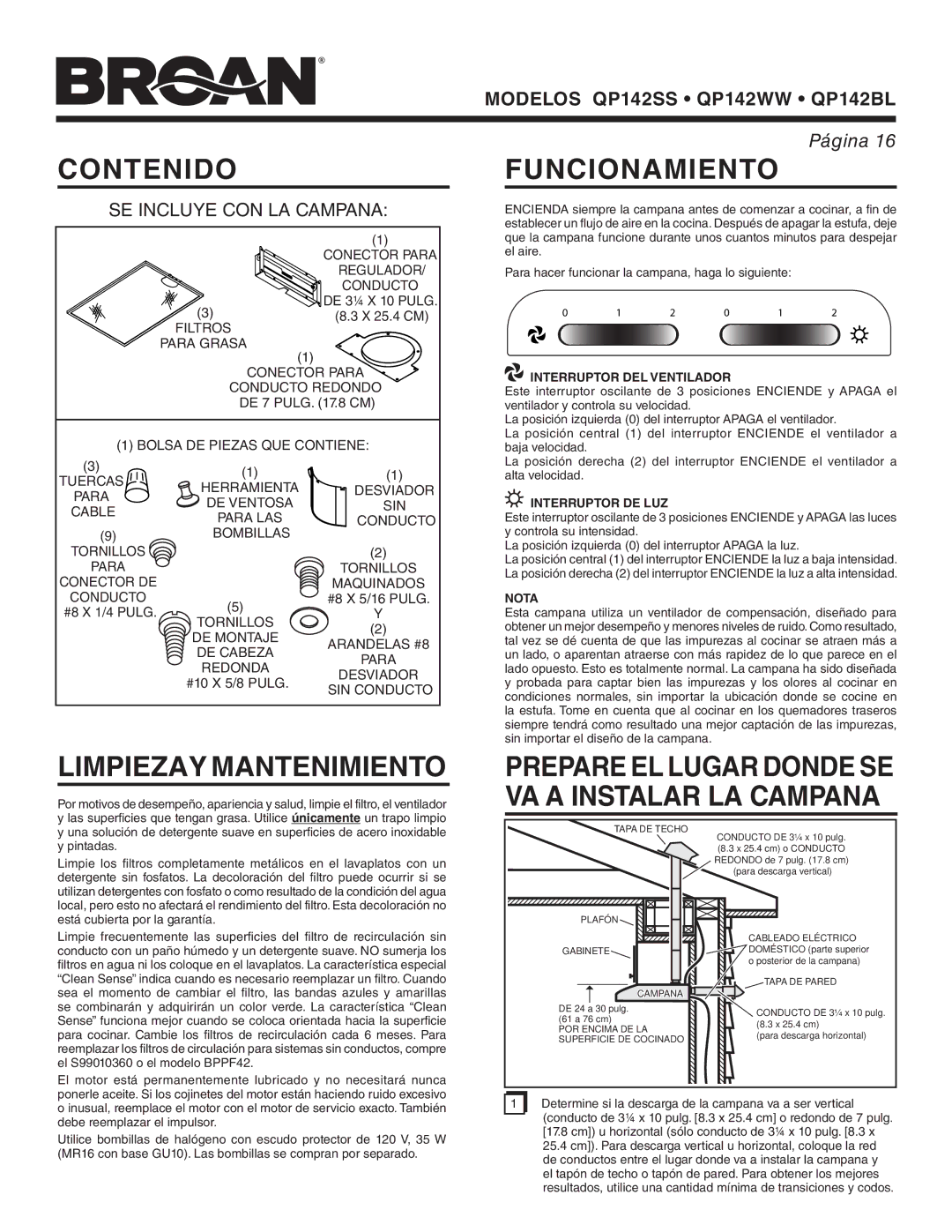 Broan QP142SS, QP142WW, QP142BL manual Contenido, Funcionamiento, Limpiezay Mantenimiento 