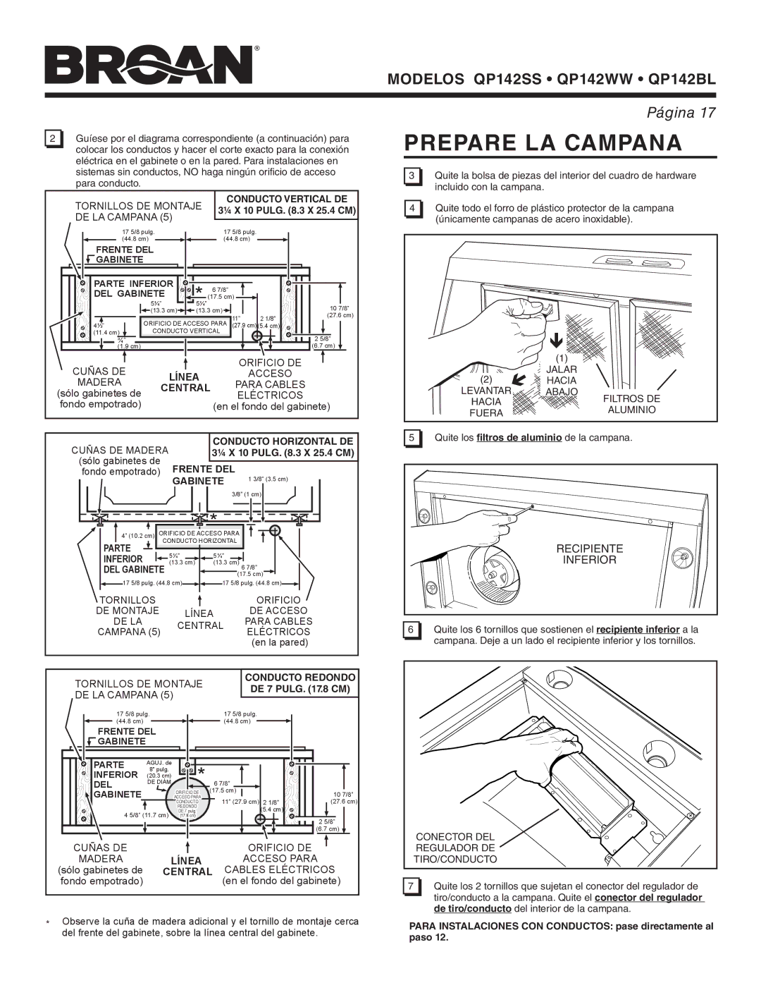 Broan QP142BL, QP142WW, QP142SS manual Prepare LA Campana, Recipiente Inferior 