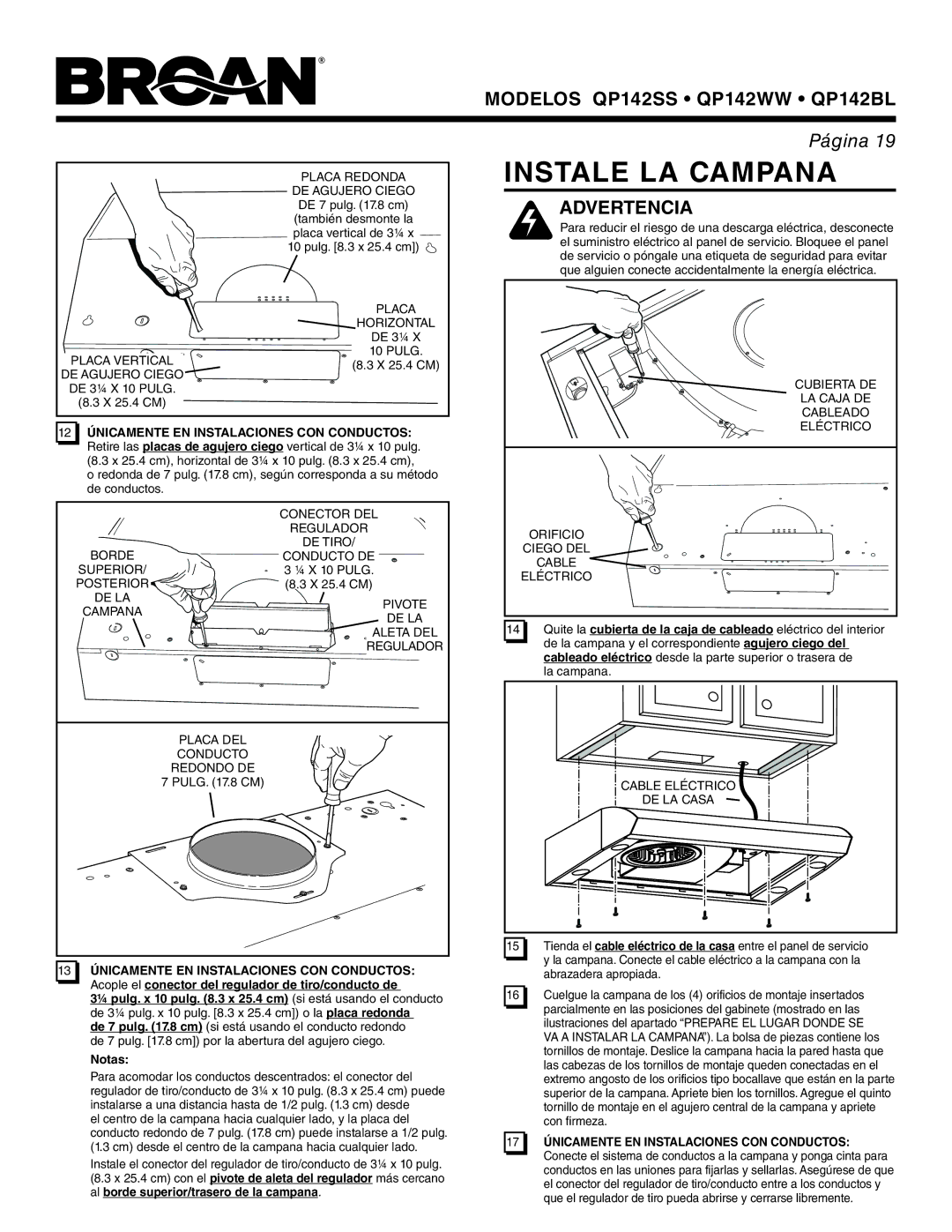 Broan QP142SS, QP142WW, QP142BL manual Instale LA Campana, 17 Únicamente EN Instalaciones CON Conductos 