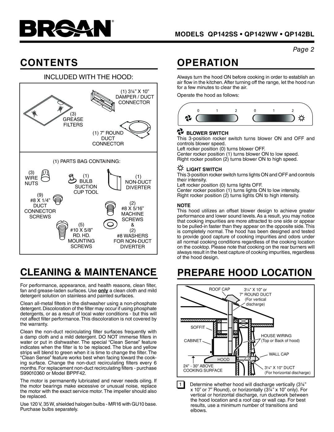 Broan QP142BL, QP142WW, QP142SS manual Contents, Operation, Cleaning & Maintenance, Prepare Hood Location 