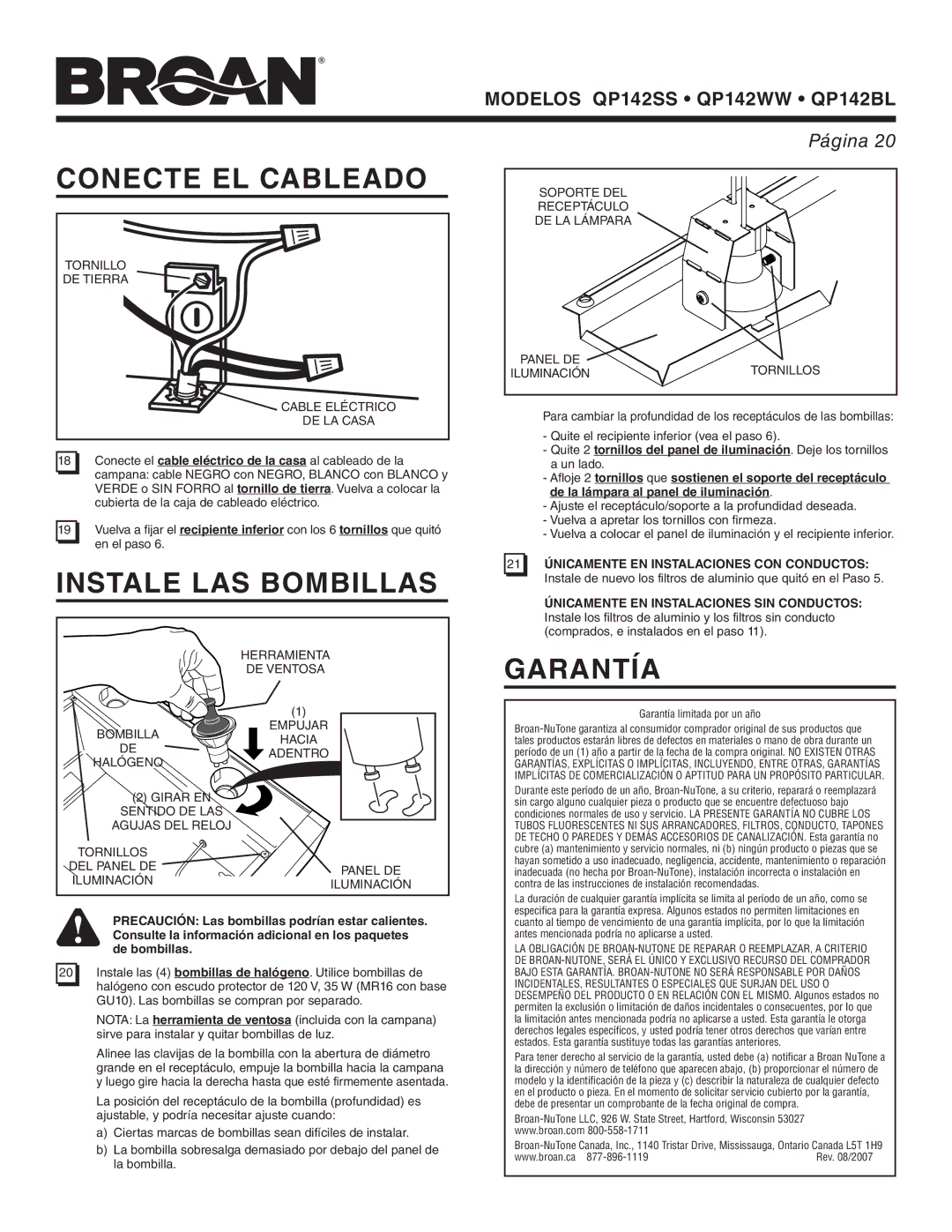 Broan QP142BL, QP142WW Conecte EL Cableado, Instale LAS Bombillas, Garantía, 21 Únicamente EN Instalaciones CON Conductos 