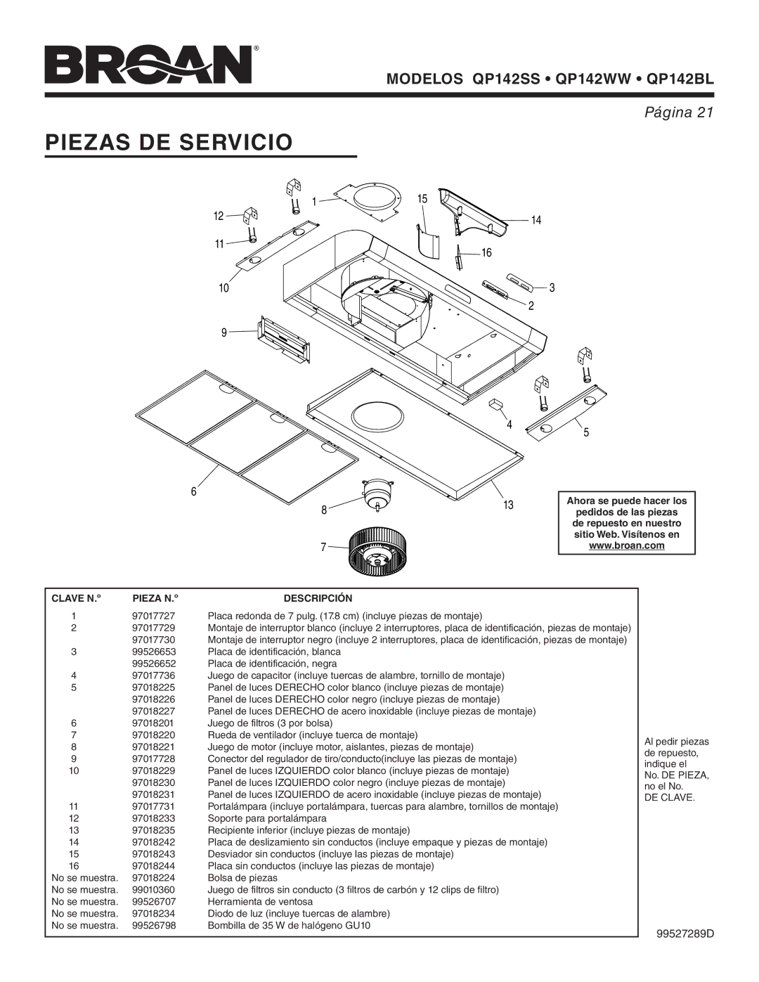 Broan QP142WW, QP142SS, QP142BL manual Piezas DE Servicio, Descripción, DE Clave 