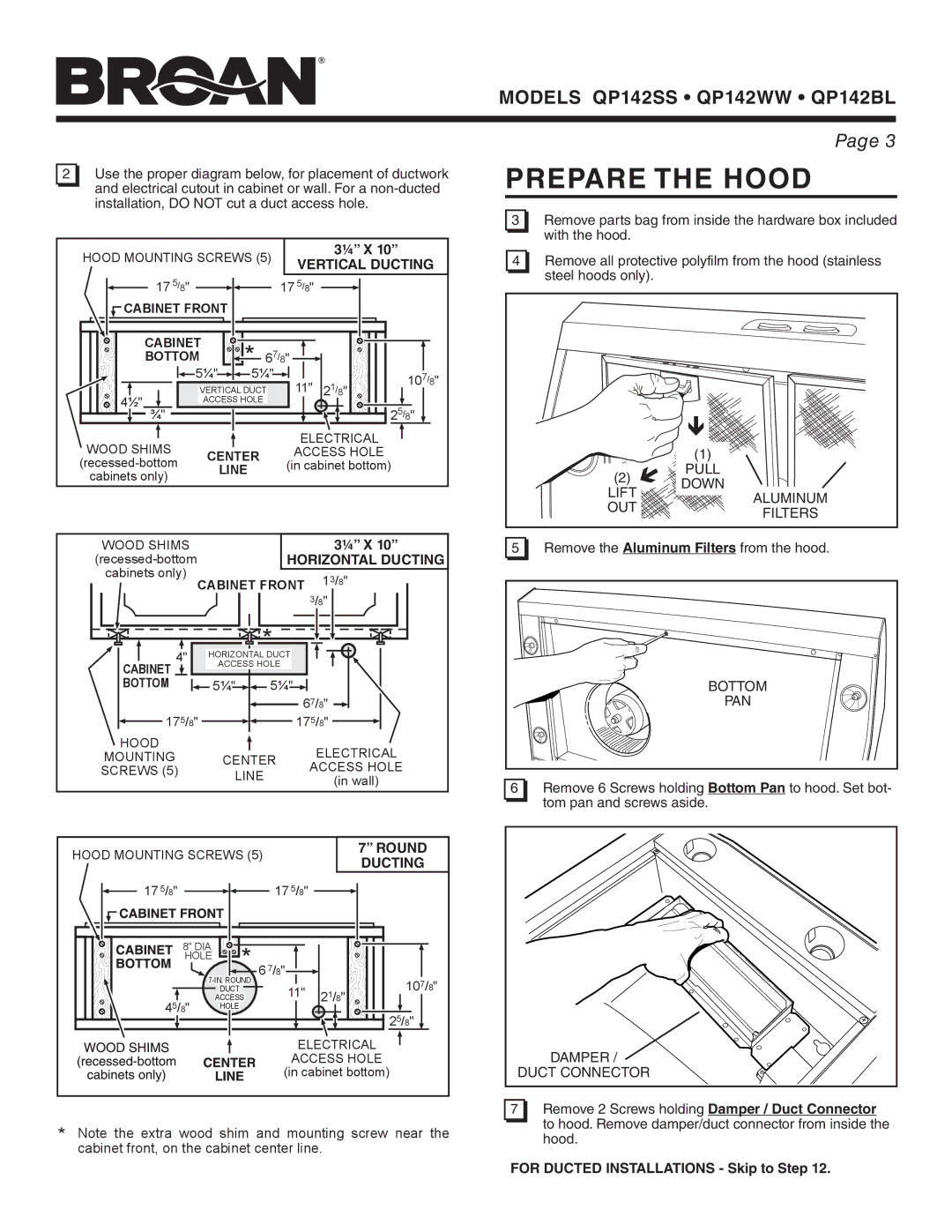 Broan QP142WW, QP142SS, QP142BL manual Prepare the Hood, Vertical Ducting, Horizontal Ducting, Round 