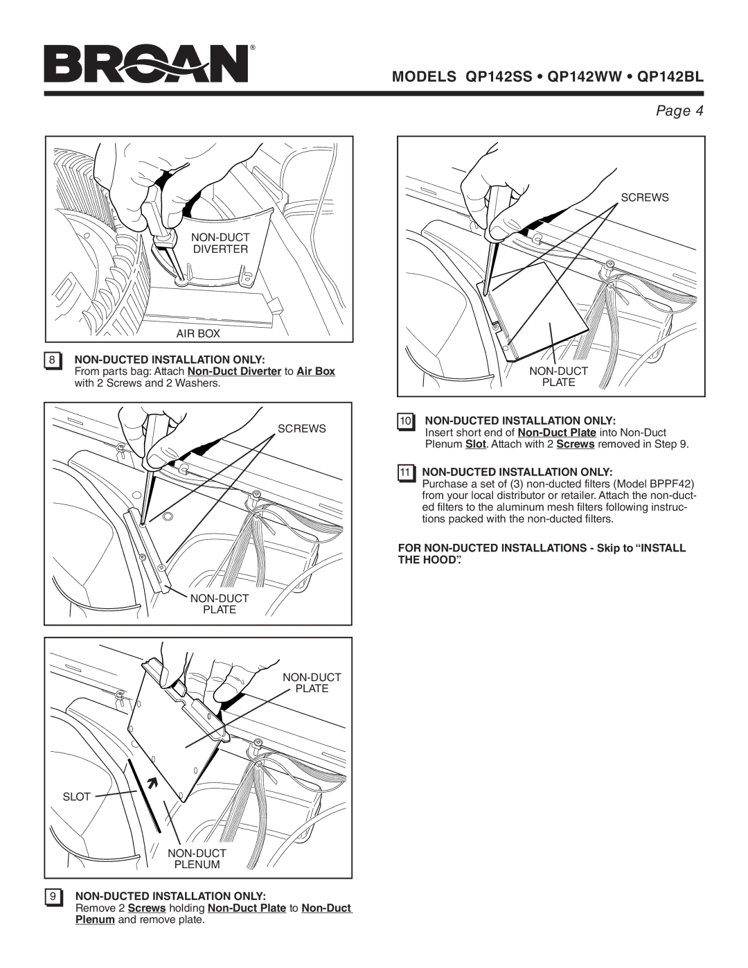 Broan QP142SS, QP142WW, QP142BL manual Air Box, NON-DUCTED Installation only, Plate, Slot, Plenum 