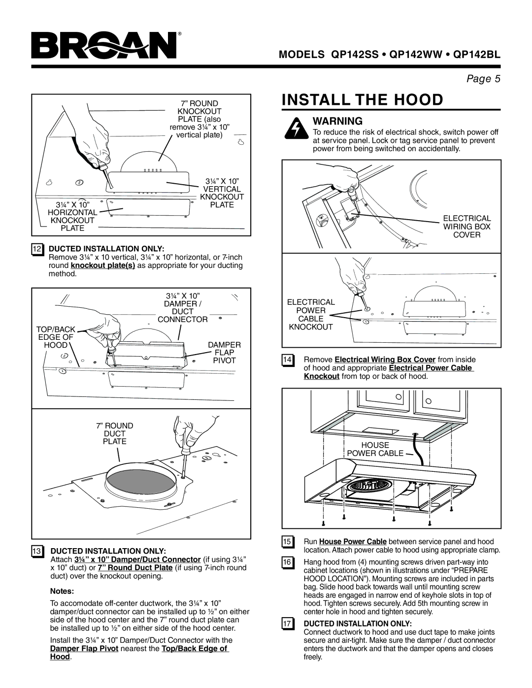 Broan QP142BL, QP142WW, QP142SS manual Install the Hood, Ducted Installation only 