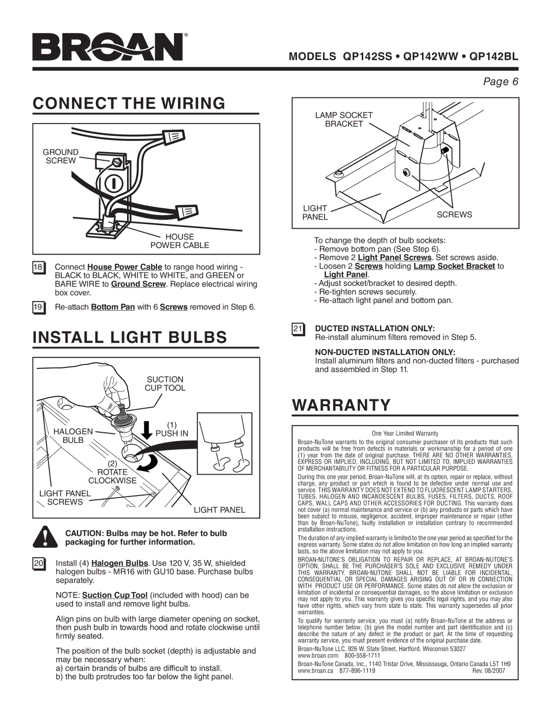 Broan QP142WW, QP142SS, QP142BL manual Connect the Wiring, Install Light Bulbs, Warranty 