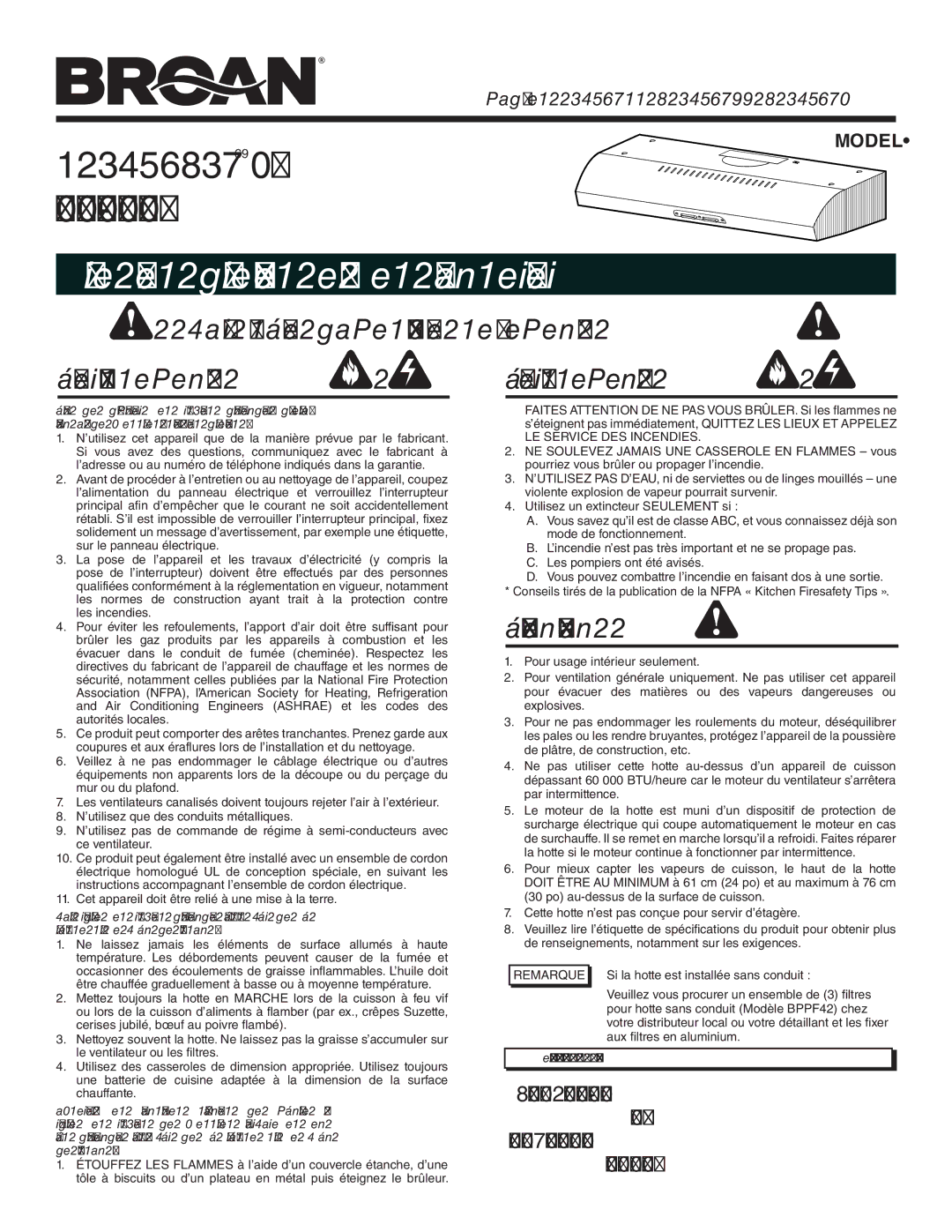 Broan QP142BL, QP142WW, QP142SS manual Pour Usage Domestique Seulement Avertissement Avertissement, Remarque 