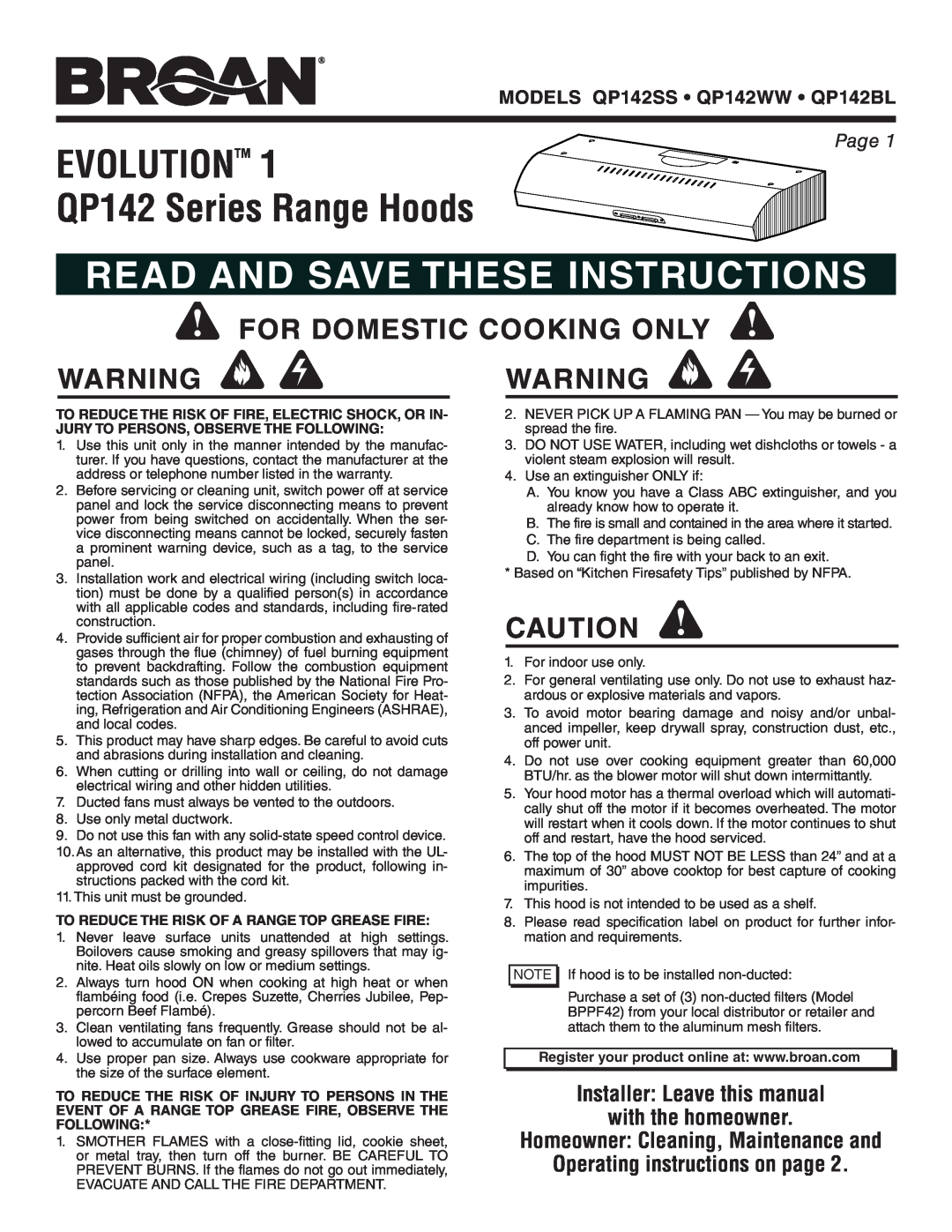 Broan QP142SS manual EVOLUTIONTM QP142 Series Range Hoods, Read And Save These Instructions, For Domestic Cooking Only 