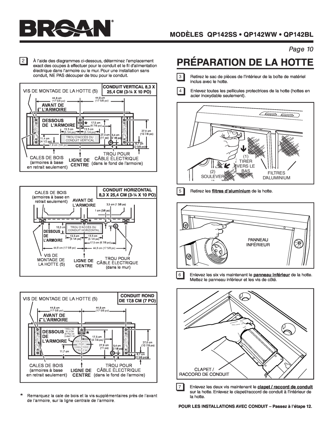 Broan manual Préparation De La Hotte, MODÈLES QP142SS QP142WW QP142BL, Page 