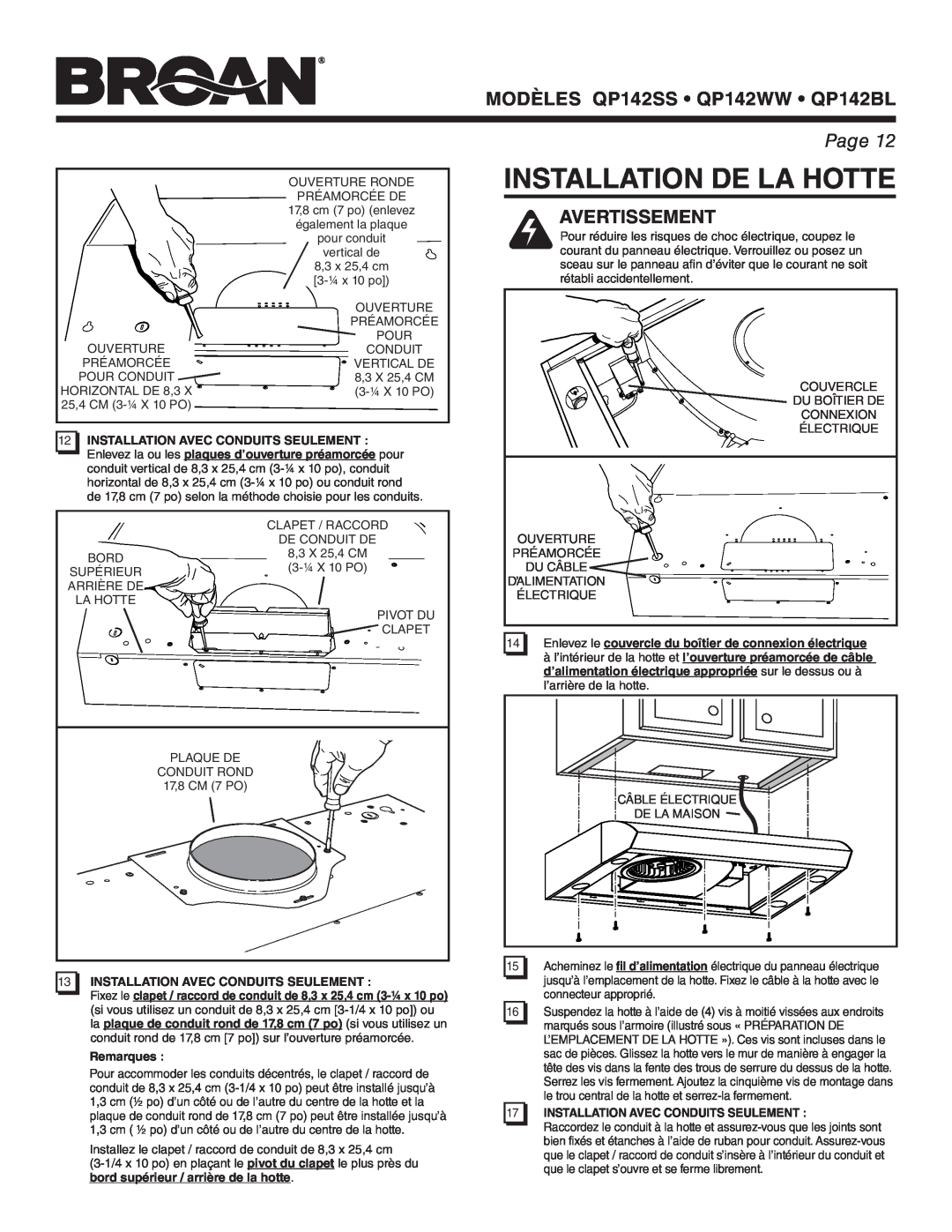 Broan manual Installation De La Hotte, Avertissement, MODÈLES QP142SS QP142WW QP142BL, Page, Remarques 