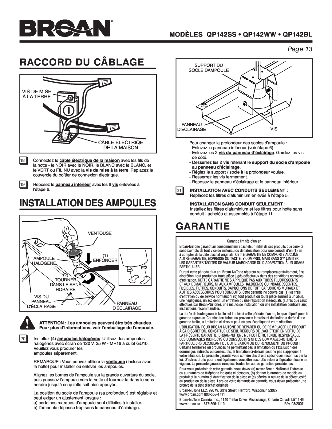 Broan manual Raccord Du Câblage, Installation Des Ampoules, Garantie, MODÈLES QP142SS QP142WW QP142BL, Page 