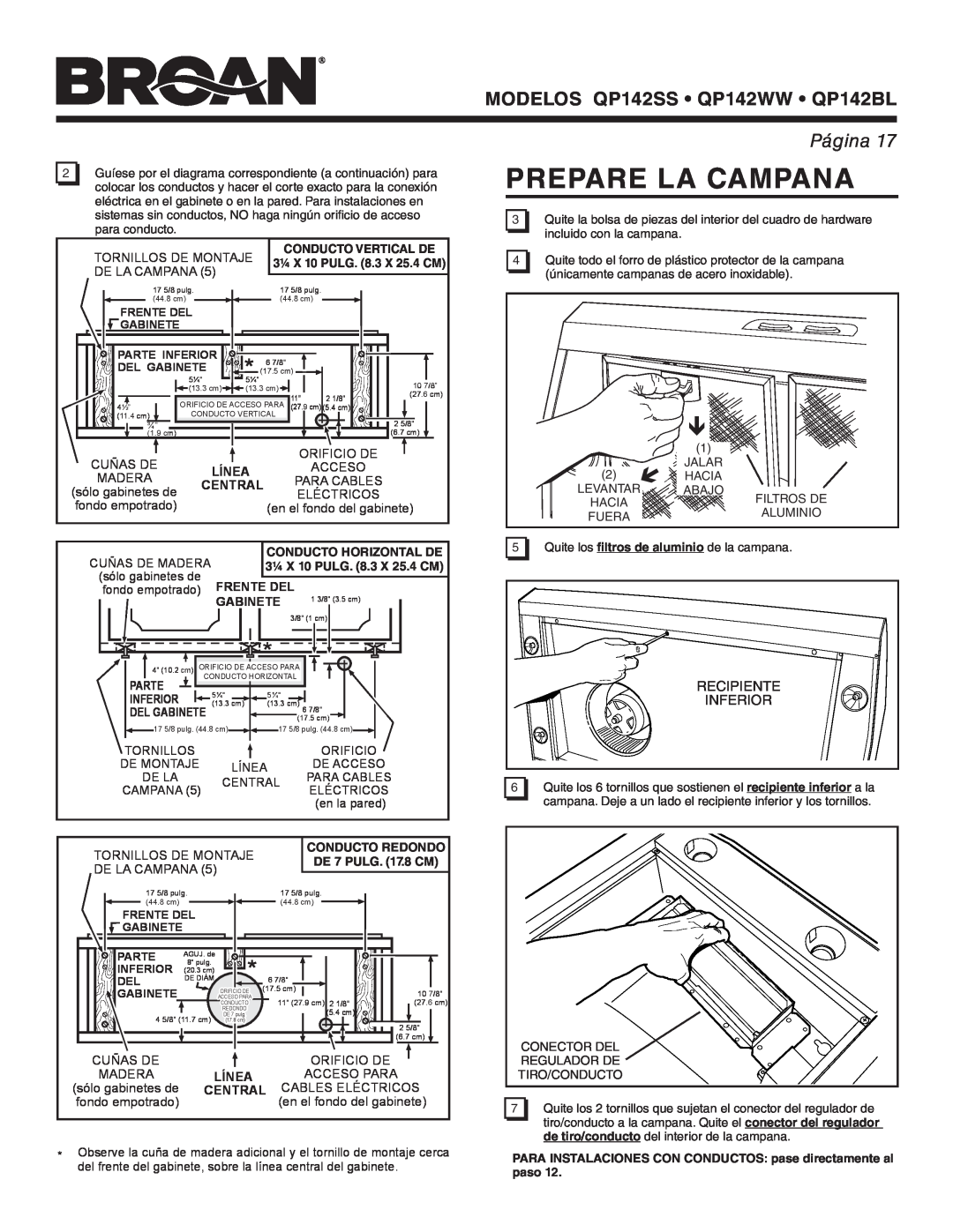 Broan manual Prepare La Campana, MODELOS QP142SS QP142WW QP142BL, Página, Recipiente Inferior 