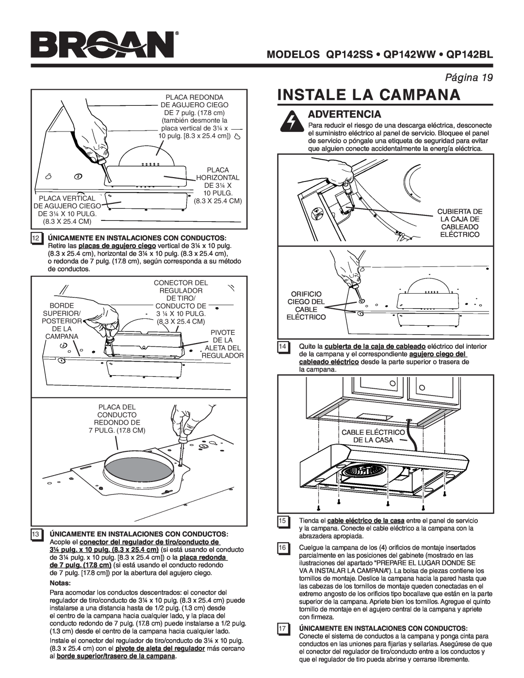 Broan manual Instale La Campana, Advertencia, MODELOS QP142SS QP142WW QP142BL, Página, Notas 