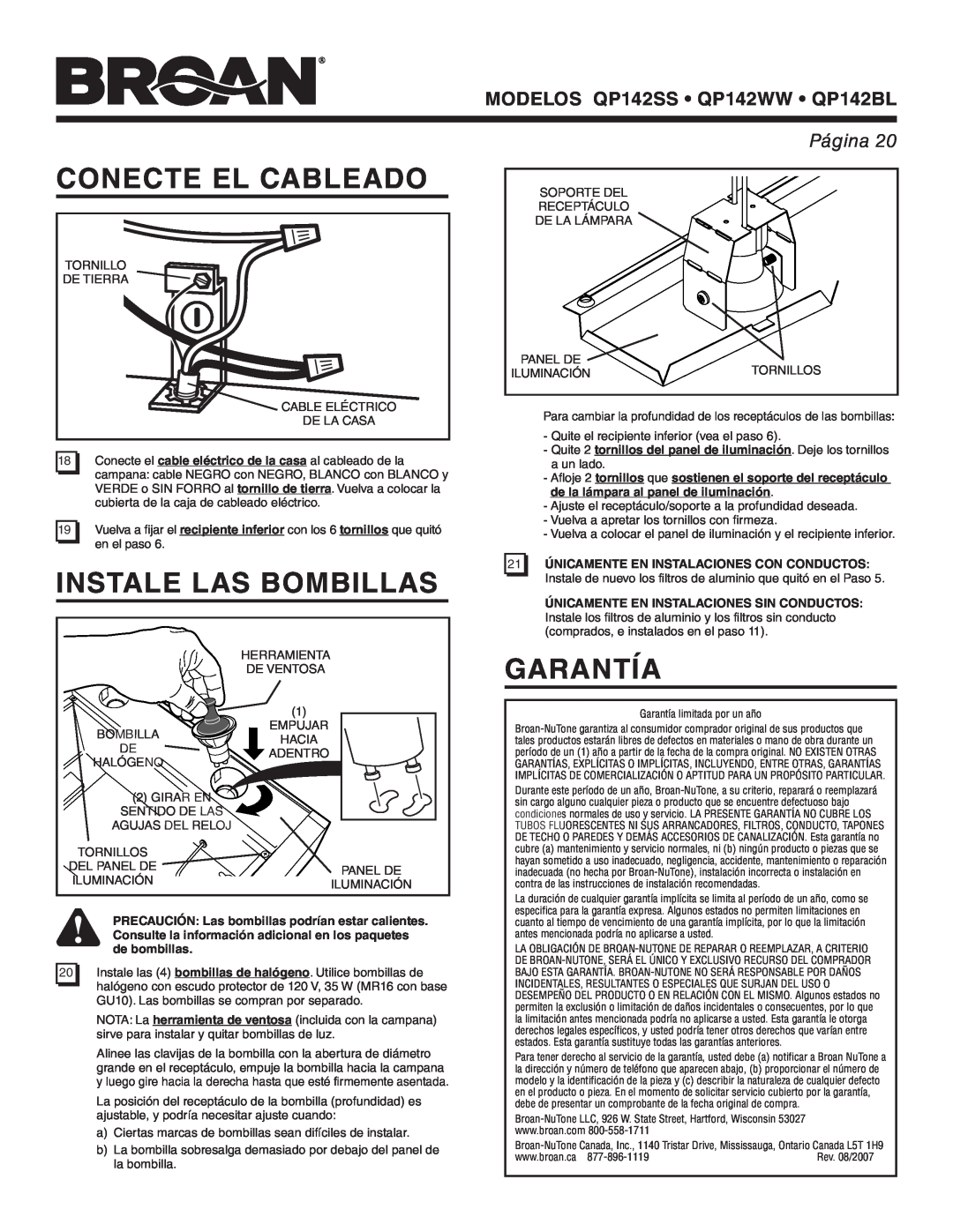 Broan manual Conecte El Cableado, Instale Las Bombillas, Garantía, MODELOS QP142SS QP142WW QP142BL, Página 