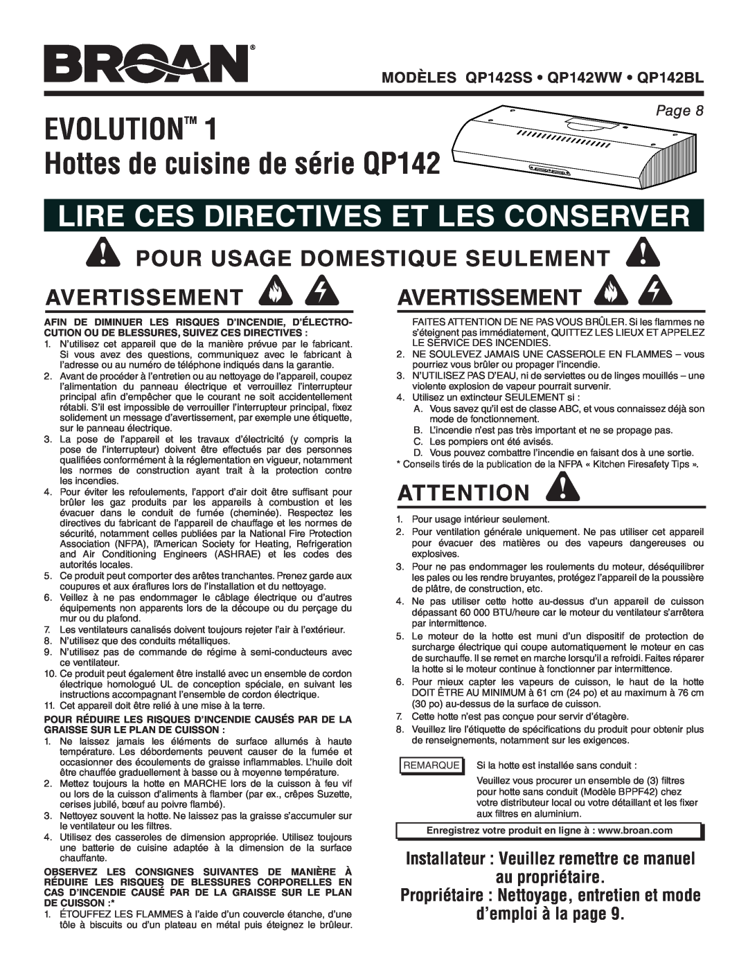 Broan QP142BL EVOLUTIONTM 1 Hottes de cuisine de série QP142, Lire Ces Directives Et Les Conserver, au propriétaire, Page 