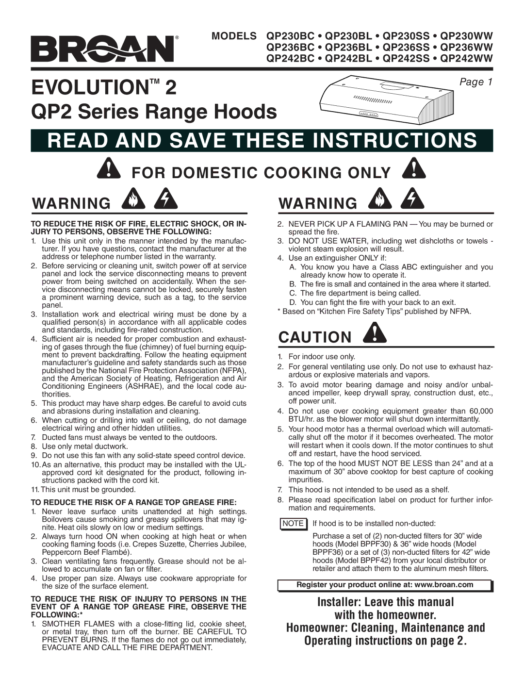 Broan QP242BL, QP242WW, QP236BC, QP236WW warranty For Domestic Cooking only, To Reduce the Risk of a Range TOP Grease Fire 