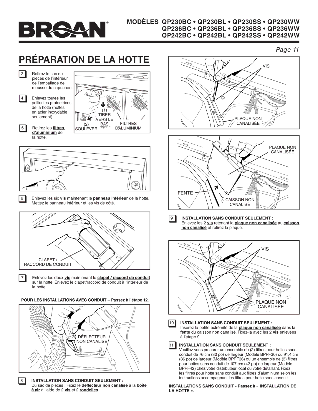 Broan QP230BC, QP242WW, QP242BL, QP236BC, QP236WW, QP242BC, QP230WW Préparation DE LA Hotte, Fente, Vis, Plaque NON, Canalisée 