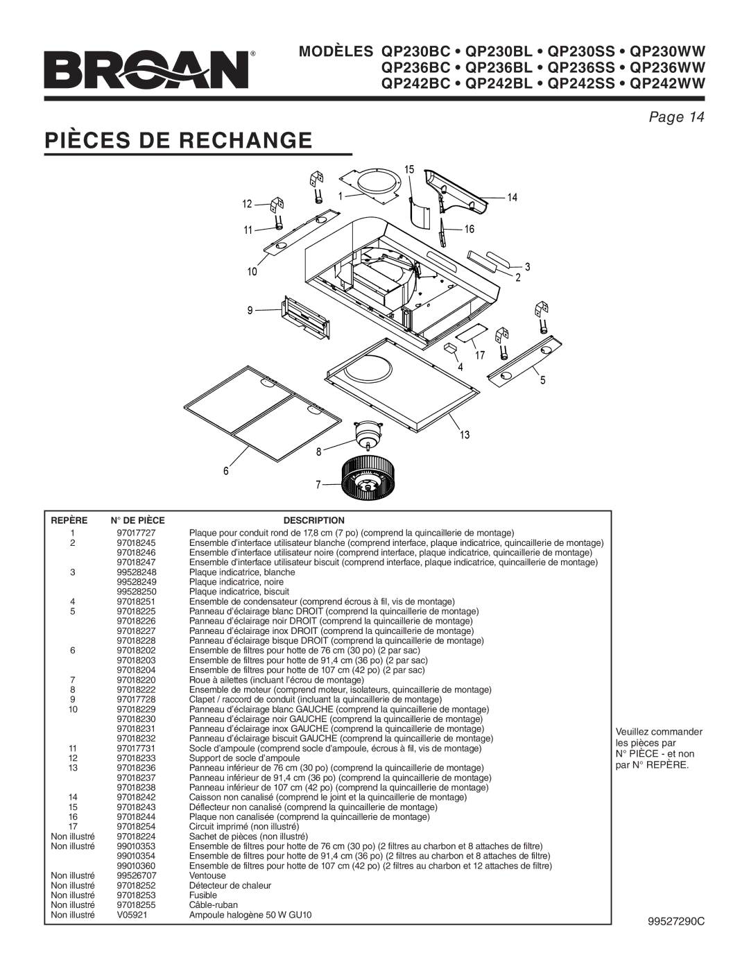 Broan QP236BC, QP242WW, QP242BL, QP236WW Pièces DE Rechange, Veuillez commander, Les pièces par, Pièce et non, Par N Repère 