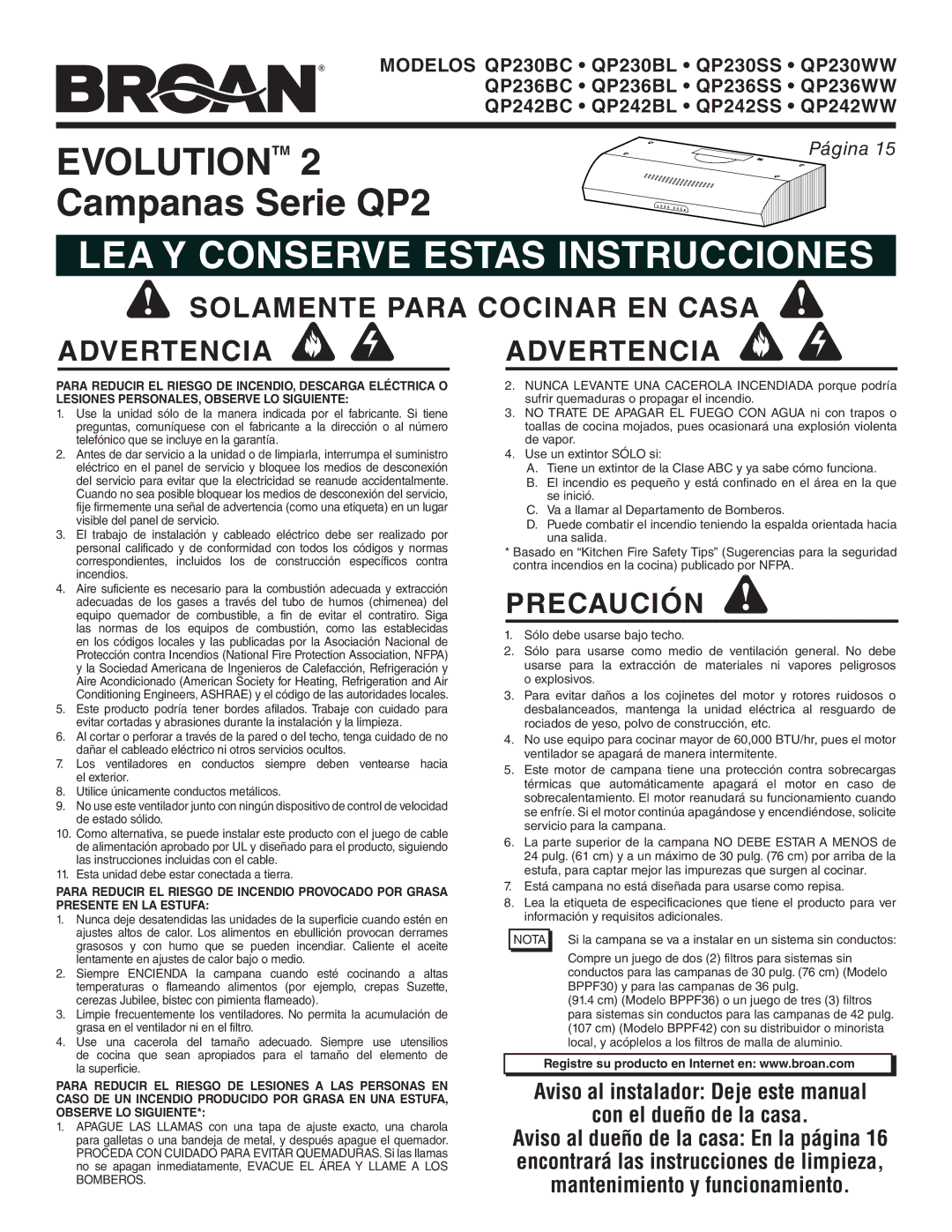 Broan QP236WW, QP242WW, QP242BL, QP236BC, QP242BC Solamente Para Cocinar EN Casa Advertencia Advertencia, Precaución, Nota 