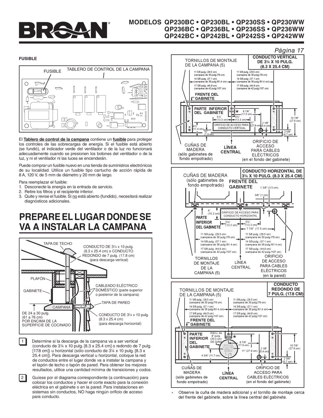 Broan QP230WW, QP242WW, QP242BL, QP236BC, QP236WW Línea, Central, Conducto Horizontal DE, Frente DEL, Gabinete, Redondo DE 