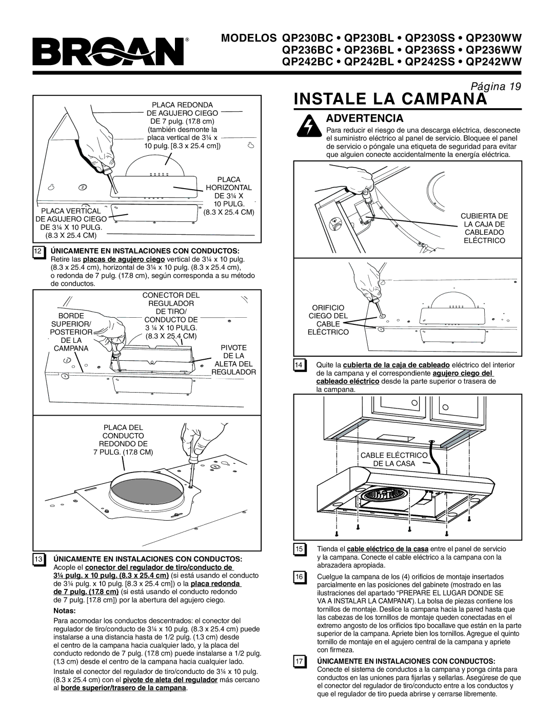 Broan QP236SS, QP242WW, QP242BL, QP236BC, QP236WW Instale LA Campana, 13 Únicamente EN Instalaciones CON Conductos, Notas 