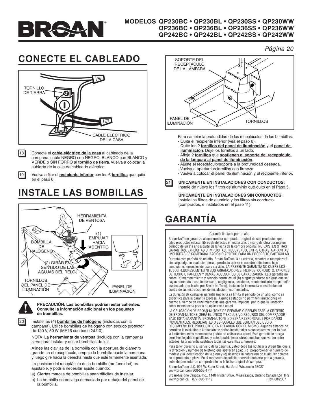 Broan QP236BL, QP242WW Conecte EL Cableado, Instale LAS Bombillas, Garantía, 21 Únicamente EN Instalaciones CON Conductos 