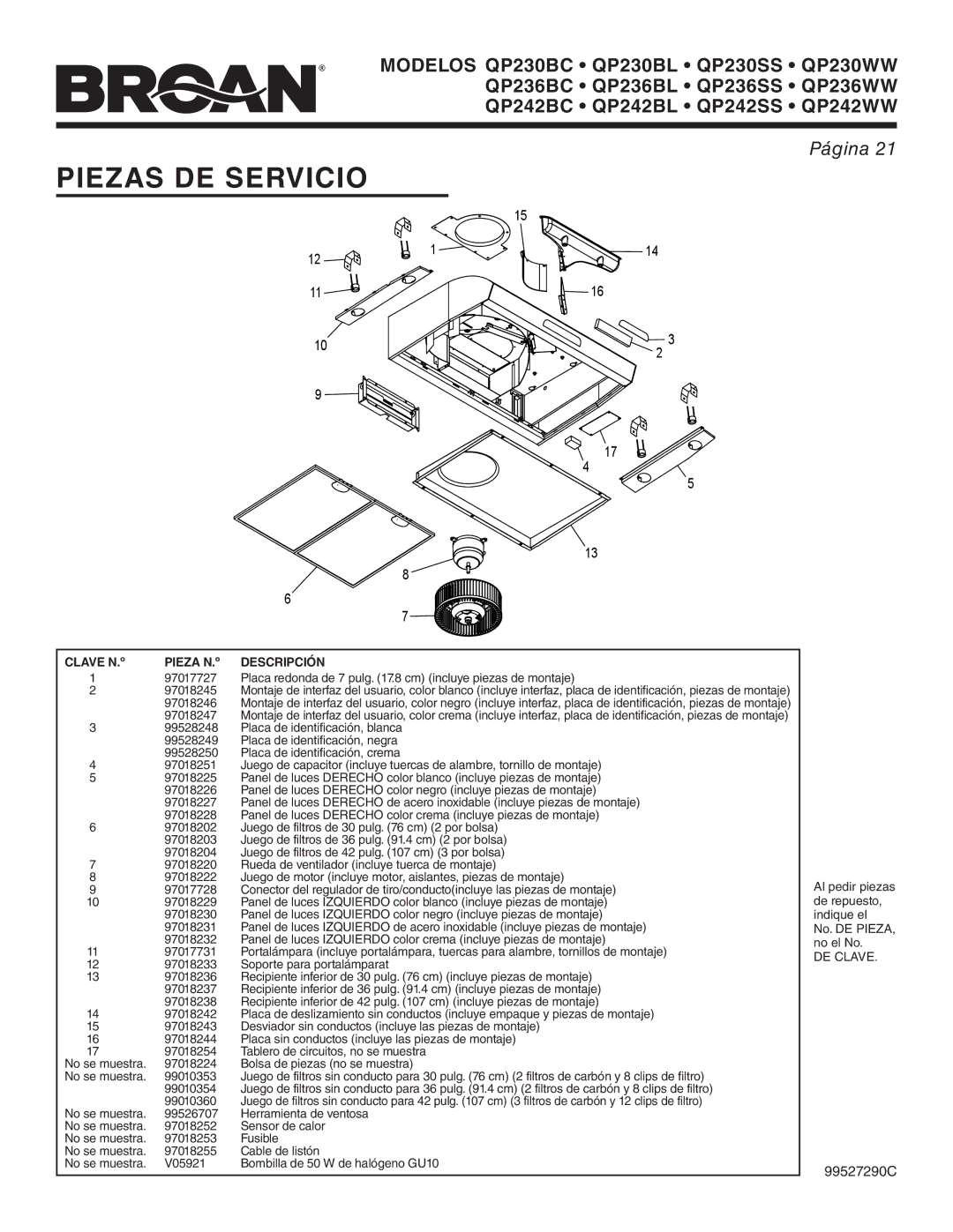 Broan QP230BL, QP242WW, QP242BL, QP236BC, QP236WW, QP242BC Piezas DE Servicio, Clave N.º Pieza N.º, Descripción, DE Clave 