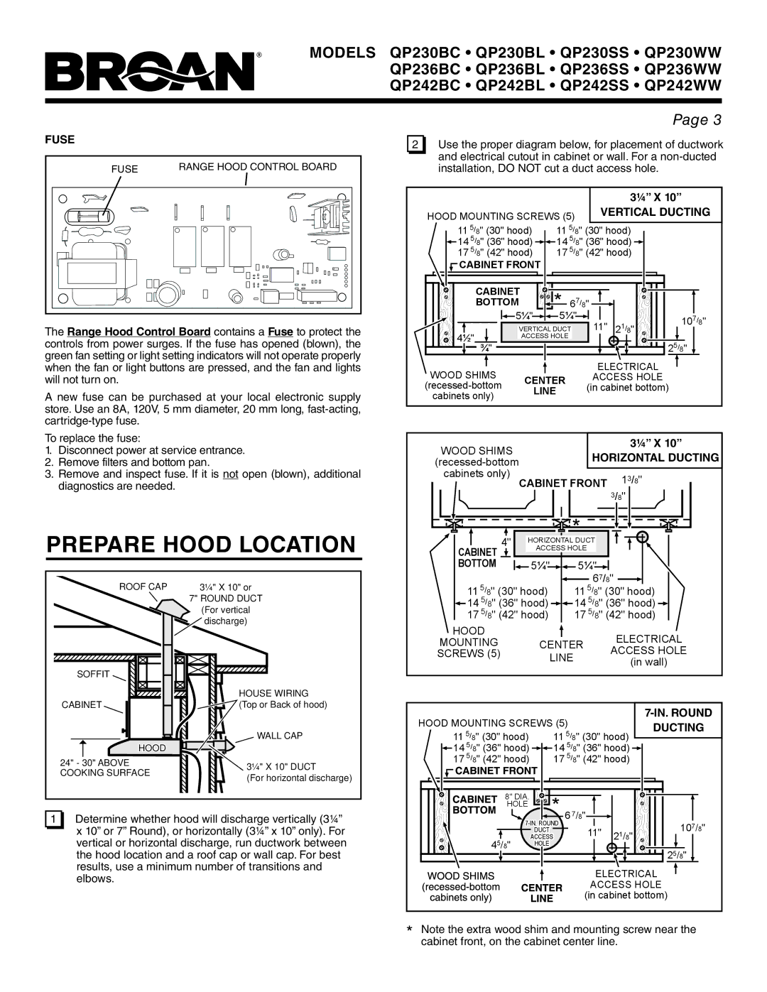 Broan QP236WW, QP242WW, QP242BL, QP236BC, QP242BC, QP230WW, QP230SS, QP236SS, QP236BL, QP230BL, QP242SS Prepare Hood Location 