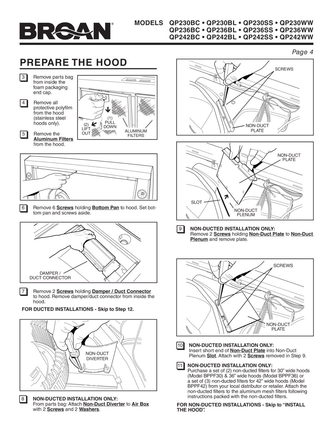 Broan QP242BC Prepare the Hood, Aluminum Filters, For Ducted Installations Skip to Step, NON-DUCTED Installation only 