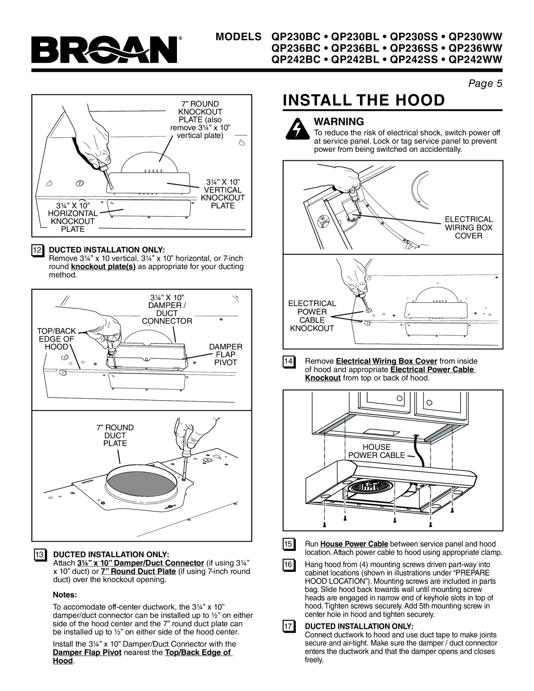 Broan QP230WW, QP242WW Install the Hood, Ducted Installation only, Damper Flap Pivot nearest the Top/Back Edge of Hood 