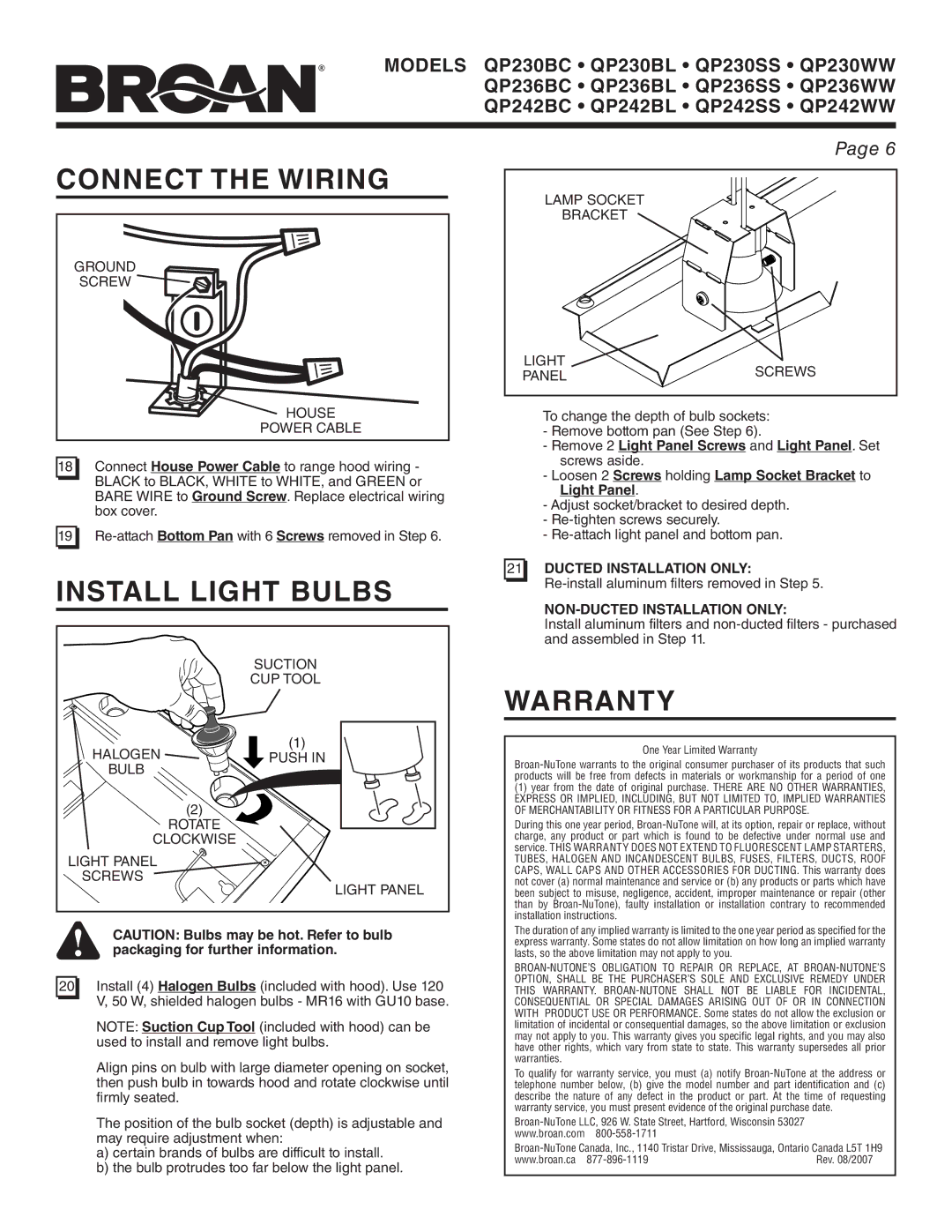 Broan QP230SS, QP242WW Connect the Wiring, Install Light Bulbs, Warranty, Remove 2 Light Panel Screws and Light Panel. Set 