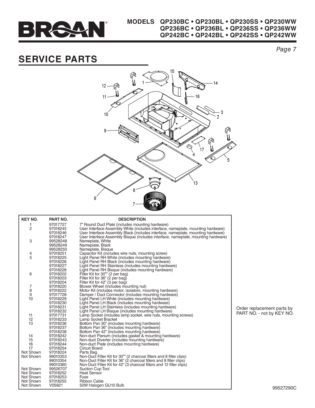 Broan QP236SS, QP242WW Service Parts, Description, 97018246, 97018247, Light Panel LH Bisque includes mounting hardware 