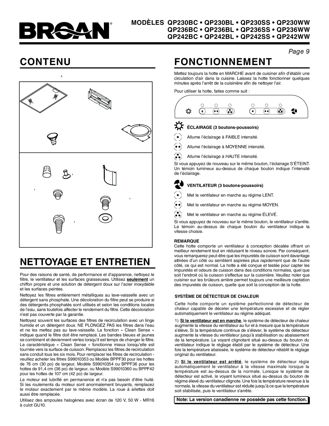 Broan QP230BL, QP242WW, QP242BL, QP236BC, QP236WW, QP242BC, QP230WW, QP230SS Contenu, Nettoyage ET Entretien, Fonctionnement 