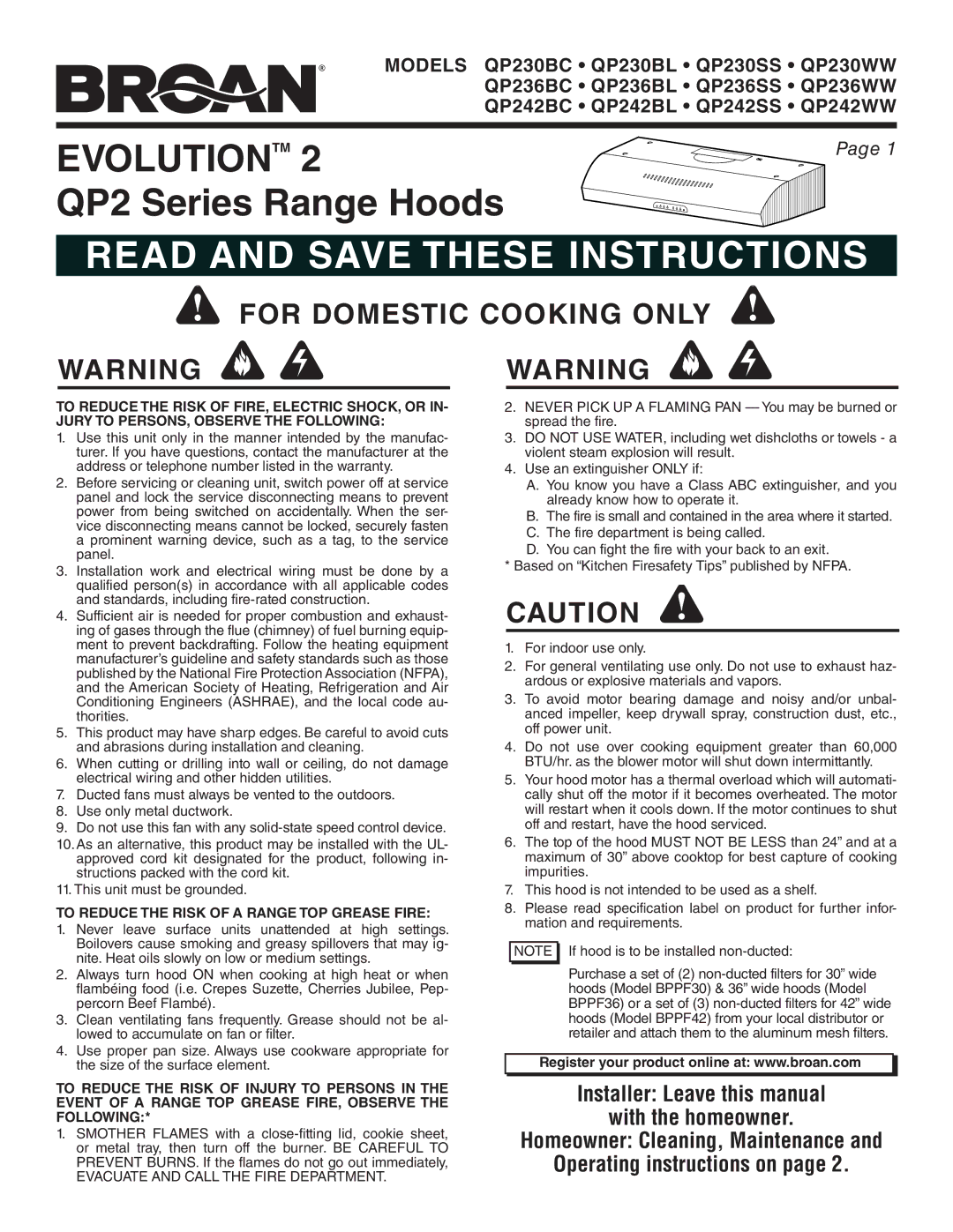 Broan QP242BL, QP242WW, QP236BC, QP236WW manual For Domestic Cooking only, To Reduce the Risk of a Range TOP Grease Fire 