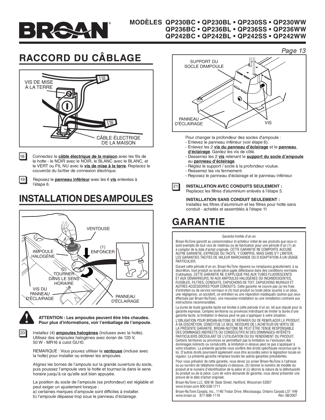 Broan QP242BL Raccord DU Câblage, Installation Desampoules, Garantie, VIS DE Mise À LA Terre Câble Électriqe DE LA Maison 