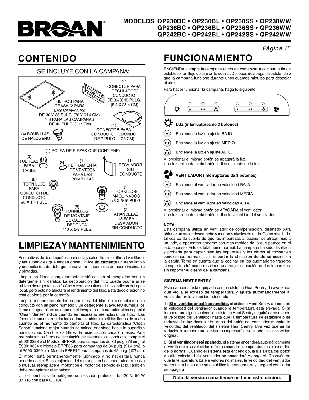 Broan QP242BC, QP242WW Contenidofuncionamiento, Limpiezay Mantenimiento, Nota la versión canadiense no tiene esta función 