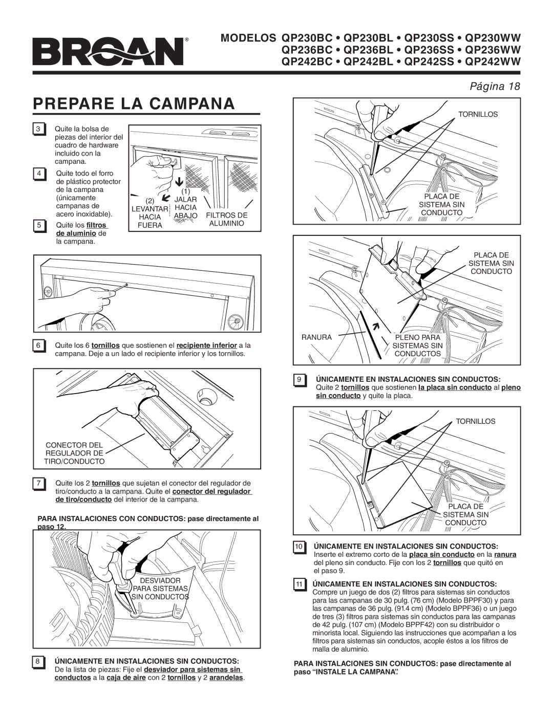 Broan QP230SS, QP242WW, QP242BL, QP236BC, QP236WW manual Prepare LA Campana, 10 Únicamente EN Instalaciones SIN Conductos 