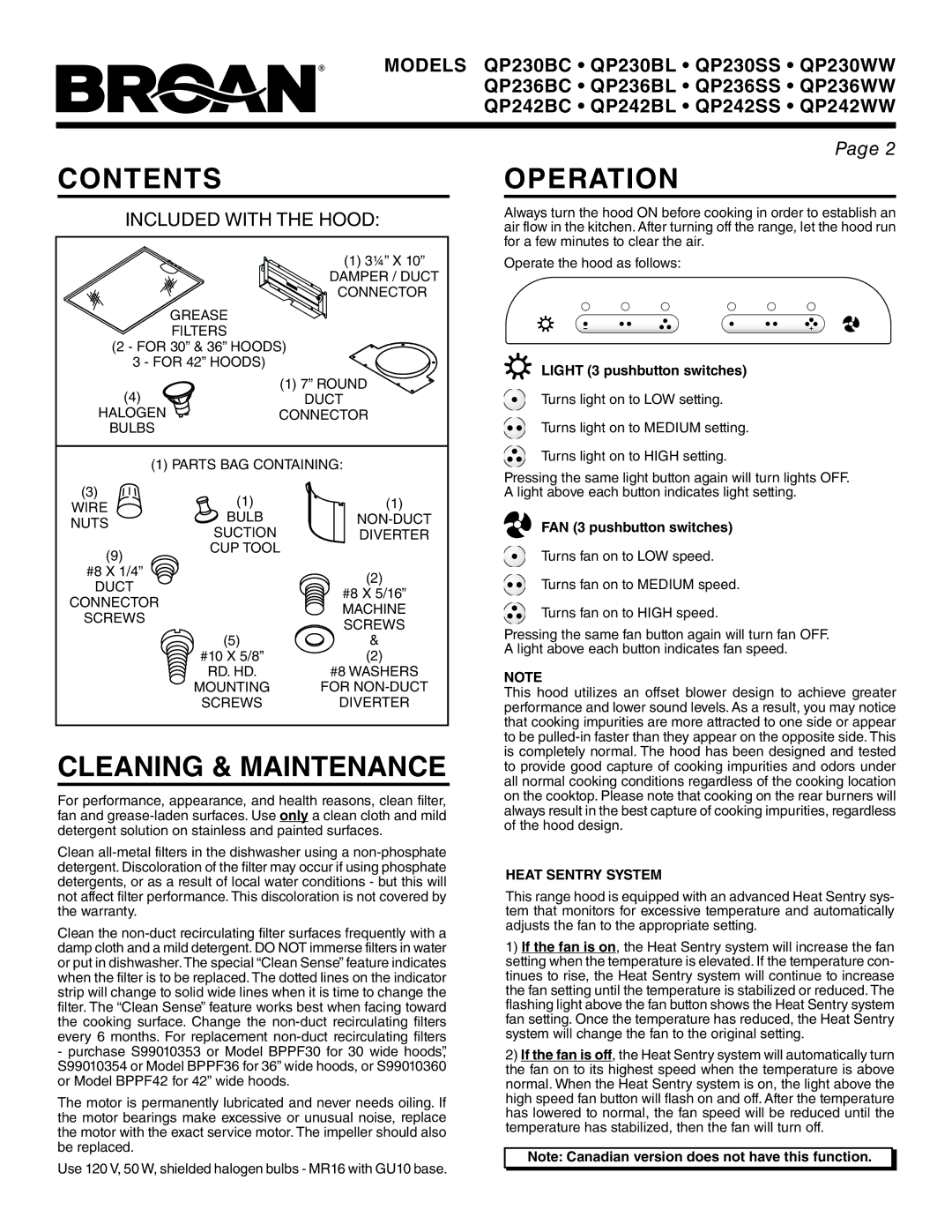 Broan QP236BC, QP242WW, QP242BL, QP236WW, QP242BC, QP230WW, QP230SS, QP236SS, QP236BL Contents, Operation, Cleaning & Maintenance 