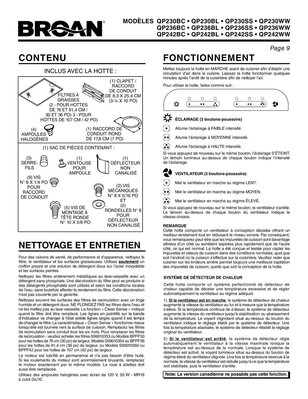 Broan QP230BL, QP242WW, QP242BL, QP236BC, QP236WW, QP242BC, QP230WW, QP230SS Contenu, Nettoyage ET Entretien, Fonctionnement 