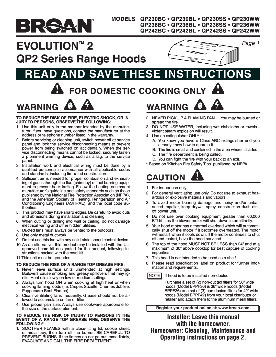 Broan QP242BL manual Evolution, QP2 Series Range Hoods, Read And Save These Instructions, For Domestic Cooking Only, Page 