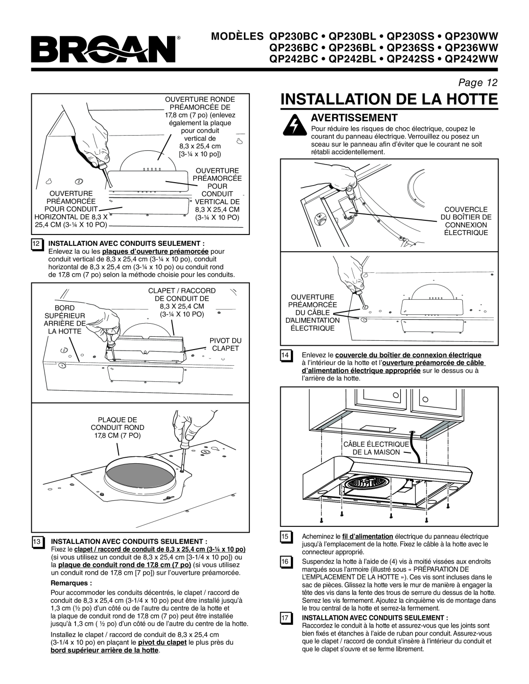 Broan QP242WW, QP242BL Installation De La Hotte, Avertissement, Page, 12INSTALLATION AVEC CONDUITS SEULEMENT, Remarques 